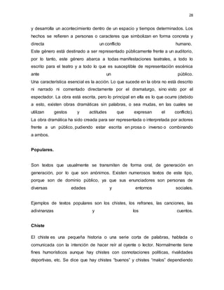 28
y desarrolla un acontecimiento dentro de un espacio y tiempos determinados. Los
hechos se refieren a personas o caracteres que simbolizan en forma concreta y
directa un conflicto humano.
Este género está destinado a ser representado públicamente frente a un auditorio,
por lo tanto, este género abarca a todas manifestaciones teatrales, a todo lo
escrito para el teatro y a todo lo que es susceptible de representación escénica
ante un público.
Una característica esencial es la acción. Lo que sucede en la obra no está descrito
ni narrado ni comentado directamente por el dramaturgo, sino visto por el
espectador. La obra está escrita, pero lo principal en ella es lo que ocurre (debido
a esto, existen obras dramáticas sin palabras, o sea mudas, en las cuales se
utilizan gestos y actitudes que expresan el conflicto).
La obra dramática ha sido creada para ser representada o interpretada por actores
frente a un público, pudiendo estar escrita en prosa o inverso o combinando
a ambos.
Populares.
Son textos que usualmente se transmiten de forma oral, de generación en
generación, por lo que son anónimos. Existen numerosos textos de este tipo,
porque son de dominio público, ya que sus enunciadores son personas de
diversas edades y entornos sociales.
Ejemplos de textos populares son los chistes, los refranes, las canciones, las
adivinanzas y los cuentos.
Chiste
El chiste es una pequeña historia o una serie corta de palabras, hablada o
comunicada con la intención de hacer reír al oyente o lector. Normalmente tiene
fines humorísticos aunque hay chistes con connotaciones políticas, rivalidades
deportivas, etc. Se dice que hay chistes “buenos” y chistes “malos” dependiendo
 