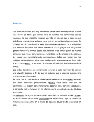 32
Reflexión
Los textos recreativos son muy importantes ya que estos forman parte de nuestra
vida desde los libros que leemos hasta el periódico que compramos por las
mañanas, es casi imposible imaginar una vida sin ellos ya que al estar en casi
todo lo que nos entretiene y divierte como podrían ser las historietas o en obras de
comedia etc. Muchos de estos textos también vienen existiendo de la antigüedad
por ejemplos las obras que fueron inventados por lo griegos que al igual del
género dramático y muchas cosas más, también estos forman partes de muchas
canciones que óyenos como canciones románticas etc. En el caso de los poemas,
los cuales son mayoritariamente composiciones bellas que juegan con las
palabras, descripciones y situaciones, conformando un escrito que se figura bello
a su correcta lectura, el receptor del mensaje si disfrutará eventualmente de la
lectura.
Los textos dramáticos que comúnmente se llevan al teatro nos tratan de explicar
una situación detallada a fin de que, no sintamos que la estamos viviendo, sino
que la estamos observando.
En otros casos como el de la fábula que la encontramos en el género narrativo,
son textos enfocados principalmente a niños y estos textos junto con las
adivinanzas se colocan como herramientas docentes para, aprender vocabulario,
o consolidar valores humanos en los infantes, como se pretende con las fabulas y
su moraleja.
La enseñanza de alguna lección humana, no es fácil de implantar en una persona,
no lo es cuando no se tiene creatividad para saber cómo, aquí, es donde los
refranes pueden penetrar en la mente de alguien y causar cierta consciencia en
este.
 