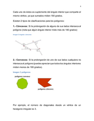 6
Cada uno de éstos es suplemento del ángulo interior que comparte el
mismo vértice, ya que sumados miden 180 grados.
Existen 2 tipos de clasificaciones para los polígonos:
1.- Cóncavos: Si la prolongación de alguno de sus lados interseca al
polígono (nota que algún ángulo interior mide más de 180 grados)
Imagen 2 ángulos cóncavos
2.- Convexos: Si la prolongación de uno de sus lados cualquiera no
interseca al polígono (puedes apreciar que todos los ángulos interiores
miden menos de 180 grados).
Imagen 3 polígonos
Por ejemplo, el número de diagonales desde un vértice de un
hexágono irregular es 3.
 