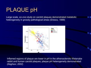 17
PLAQUE pH
Large scale, ex-vivo study on carotid plaques demonstrated metabolic
heterogeneity in grossly pathological areas (Grascu, 1999)
Inflamed regions of plaque are lower in pH in the atherosclerotic Watanabe
rabbit and human carotid plaques; plaque pH heterogeneity demonstrated
(Naghavi, 2002)
 