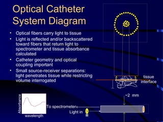 21
Optical Catheter
System Diagram
• Optical fibers carry light to tissue
• Light is reflected and/or backscattered
toward fibers that return light to
spectrometer and tissue absorbance
calculated
• Catheter geometry and optical
coupling important
• Small source-receiver separations:
light penetrates tissue while restricting
volume interrogated
~2 mm
Light in
To spectrometer
wavelength
Absorbance
tissue
interface
 