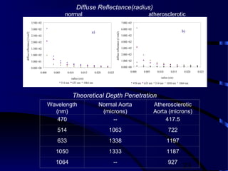 23
0.00E+00
5.00E+01
1.00E+02
1.50E+02
2.00E+02
2.50E+02
3.00E+02
3.50E+02
0.000 0.005 0.010 0.015 0.020 0.025
radius (cm)
diffusereflectance[1/cm2]
514 nm 633 nm 1064 nm
0.00E+00
1.00E+02
2.00E+02
3.00E+02
4.00E+02
5.00E+02
6.00E+02
7.00E+02
0.000 0.005 0.010 0.015 0.020 0.025
radius (cm)
diffusereflectance(1/cm2)
470 nm 633 nm 514 nm 1050 nm 1064 nm
a) b)
normal atherosclerotic
Diffuse Reflectance(radius)
Theoretical Depth Penetration
Wavelength
(nm)
Normal Aorta
(microns)
Atherosclerotic
Aorta (microns)
470 -- 417.5
514 1063 722
633 1338 1197
1050 1333 1187
1064 -- 927
 