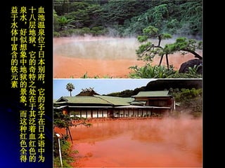 血池温泉位于日本别府，它的名字在日本语中为十八层地狱。它的奇特之处在于其泛着血红色的泉水，好似想象中地狱的景象，而这种红色全得益于水体中富含的铁元素   