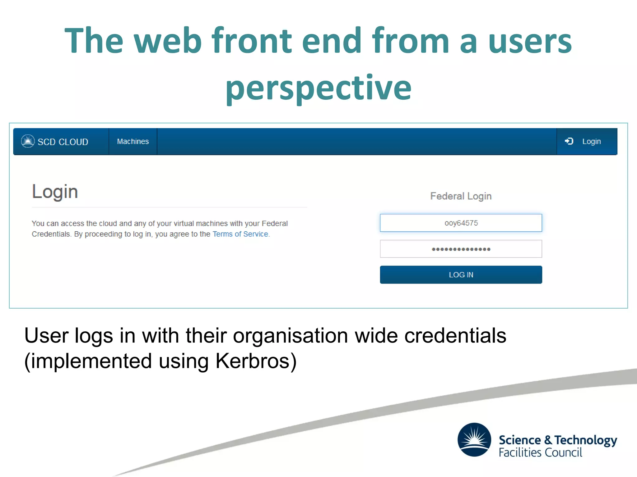 The web front end from a users
perspective
User logs in with their organisation wide credentials
(implemented using Kerbros)
 