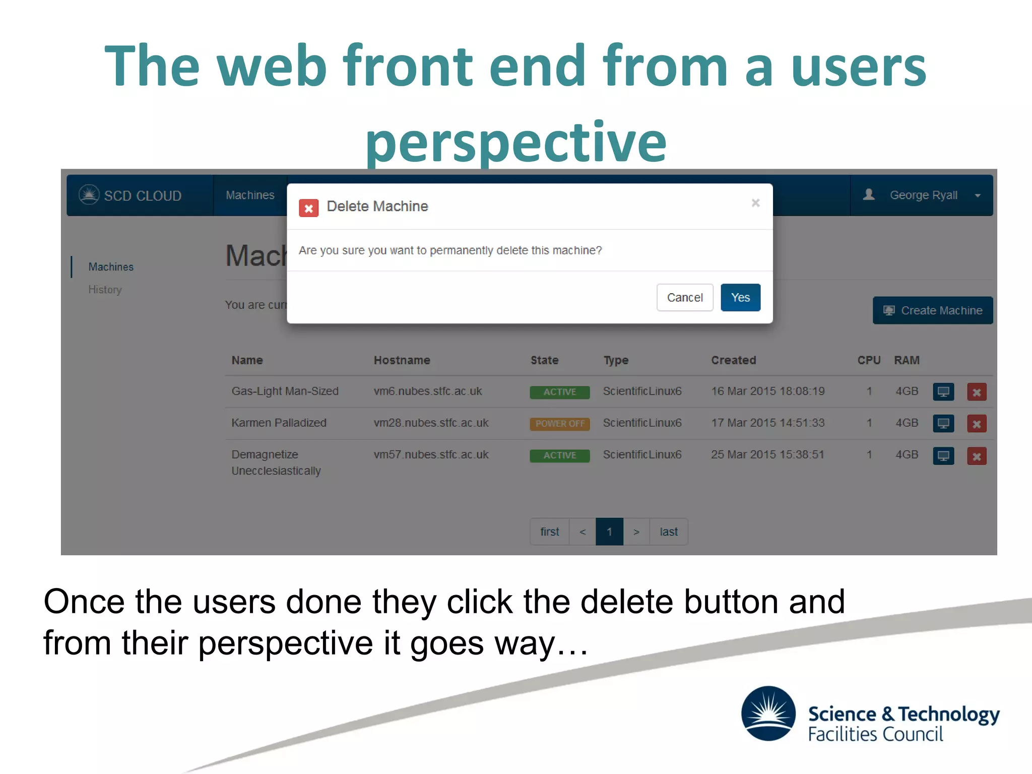 The web front end from a users
perspective
Once the users done they click the delete button and
from their perspective it goes way…
 