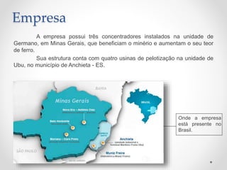 Empresa
A empresa possui três concentradores instalados na unidade de
Germano, em Minas Gerais, que beneficiam o minério e aumentam o seu teor
de ferro.
Sua estrutura conta com quatro usinas de pelotização na unidade de
Ubu, no município de Anchieta - ES.
Onde a empresa
está presente no
Brasil.
 