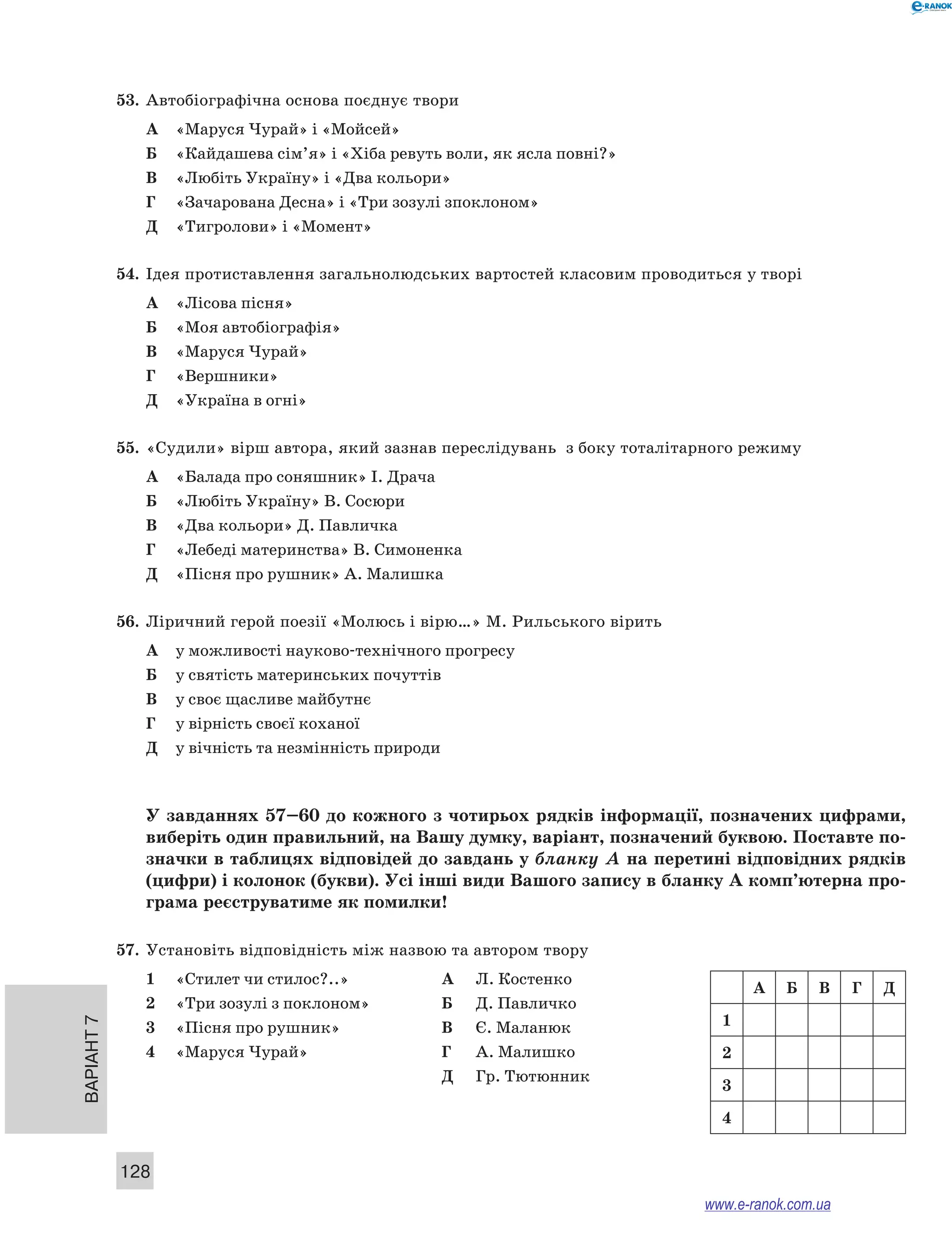 53. Автобіографічна основа поєднує твори 
А «Маруся Чурай» і «Мойсей» 
Б «Кайдашева сім’я» і «Хіба ревуть воли, як ясла повні?» 
В «Любіть Україну» і «Два кольори» 
Г «Зачарована Десна» і «Три зозулі зпоклоном» 
Д «Тигролови» і «Момент» 
54. Ідея протиставлення загальнолюдських вартостей класовим проводиться у творі 
А «Лісова пісня» 
Б «Моя автобіографія» 
В «Маруся Чурай» 
Г «Вершники» 
Д «Україна в огні» 
55. «Судили» вірш автора, який зазнав переслідувань з боку тоталітарного режиму 
А «Балада про соняшник» І. Драча 
Б «Любіть Україну» В. Сосюри 
В «Два кольори» Д. Павличка 
Г «Лебеді материнства» В. Симоненка 
Д «Пісня про рушник» А. Малишка 
56. Ліричний герой поезії «Молюсь і вірю…» М. Рильського вірить 
А у можливості науково-технічного прогресу 
Б у святість материнських почуттів 
В у своє щасливе майбутнє 
Г у вірність своєї коханої 
Д у вічність та незмінність природи 
У завданнях 57–60 до кожного з чотирьох рядків інформації, позначених цифрами, 
виберіть один правильний, на Вашу думку, варіант, позначений буквою. Поставте по­значки 
Варіант 7 128 
в таблицях відповідей до завдань у бланку А на перетині відповідних рядків 
(цифри) і колонок (букви). Усі інші види Вашого запису в бланку А комп’ютерна про­грама 
реєструватиме як помилки! 
57. Установіть відповідність між назвою та автором твору 
1 «Стилет чи стилос?..» А Л. Костенко 
2 «Три зозулі з поклоном» Б Д. Павличко 
3 «Пісня про рушник» В Є. Маланюк 
4 «Маруся Чурай» Г А. Малишко 
Д Гр. Тютюнник 
A Б В Г Д 
1 
2 
3 
4 
www.e-ranok.com.ua 
 