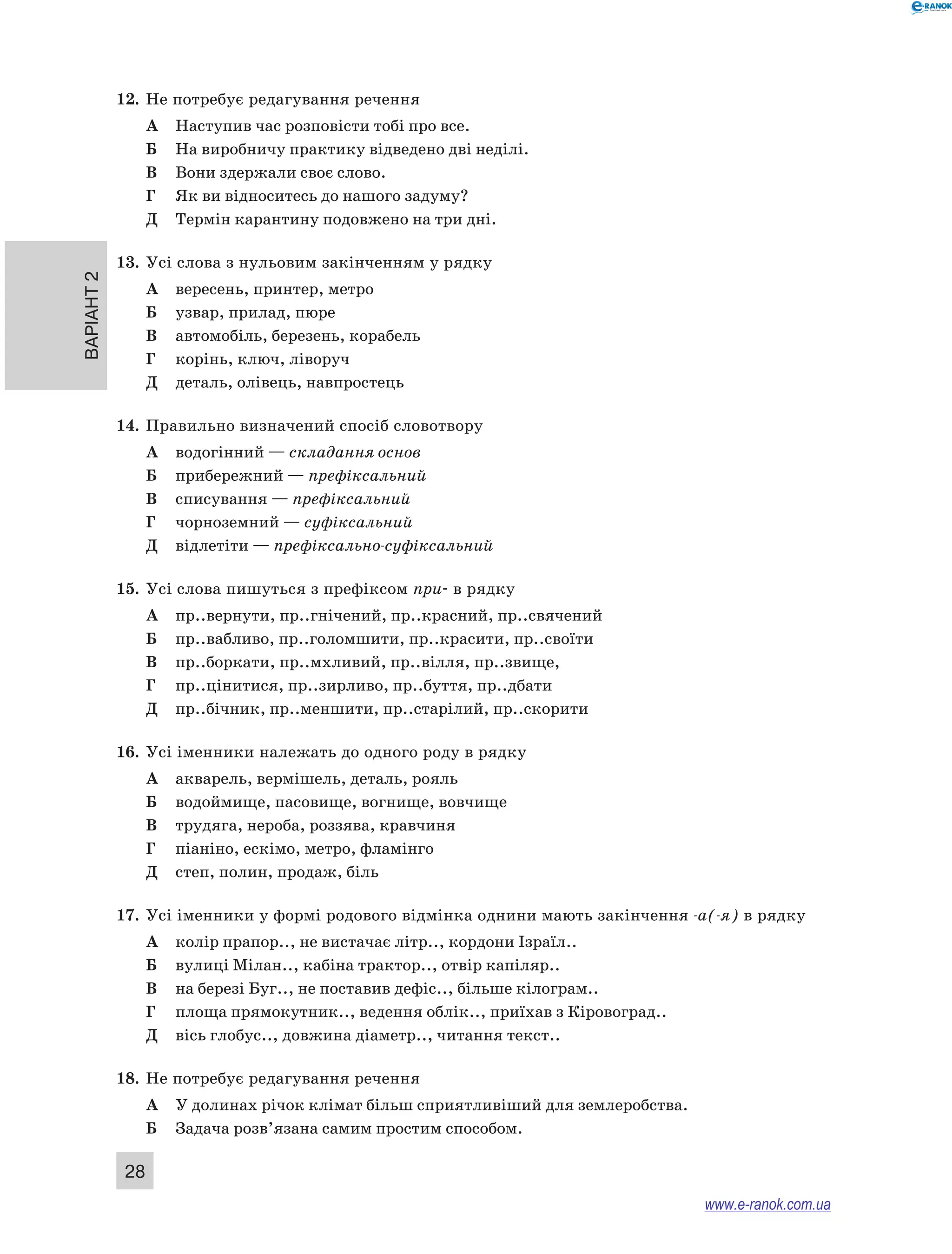 12. Не потребує редагування речення 
Варіант 2 28 
А Наступив час розповісти тобі про все. 
Б На виробничу практику відведено дві неділі. 
В Вони здержали своє слово. 
Г Як ви відноситесь до нашого задуму? 
Д Термін карантину подовжено на три дні. 
13. Усі слова з нульовим закінченням у рядку 
А вересень, принтер, метро 
Б узвар, прилад, пюре 
В автомобіль, березень, корабель 
Г корінь, ключ, ліворуч 
Д деталь, олівець, навпростець 
14. Правильно визначений спосіб словотвору 
А водогінний — складання основ 
Б прибережний — префіксальний 
В списування — префіксальний 
Г чорноземний — суфіксальний 
Д відлетіти — префіксально-суфіксальний 
15. Усі слова пишуться з префіксом при- в рядку 
А пр..вернути, пр..гнічений, пр..красний, пр..свячений 
Б пр..вабливо, пр..голомшити, пр..красити, пр..своїти 
В пр..боркати, пр..мхливий, пр..вілля, пр..звище, 
Г пр..цінитися, пр..зирливо, пр..буття, пр..дбати 
Д пр..бічник, пр..меншити, пр..старілий, пр..скорити 
16. Усі іменники належать до одного роду в рядку 
А акварель, вермішель, деталь, рояль 
Б водоймище, пасовище, вогнище, вовчище 
В трудяга, нероба, роззява, кравчиня 
Г піаніно, ескімо, метро, фламінго 
Д степ, полин, продаж, біль 
17. Усі іменники у формі родового відмінка однини мають закінчення -а(-я) в рядку 
А колір прапор.., не вистачає літр.., кордони Ізраїл.. 
Б вулиці Мілан.., кабіна трактор.., отвір капіляр.. 
В на березі Буг.., не поставив дефіс.., більше кілограм.. 
Г площа прямокутник.., ведення облік.., приїхав з Кіровоград.. 
Д вісь глобус.., довжина діаметр.., читання текст.. 
18. Не потребує редагування речення 
А У долинах річок клімат більш сприятливіший для землеробства. 
Б Задача розв’язана самим простим способом. 
www.e-ranok.com.ua 
 