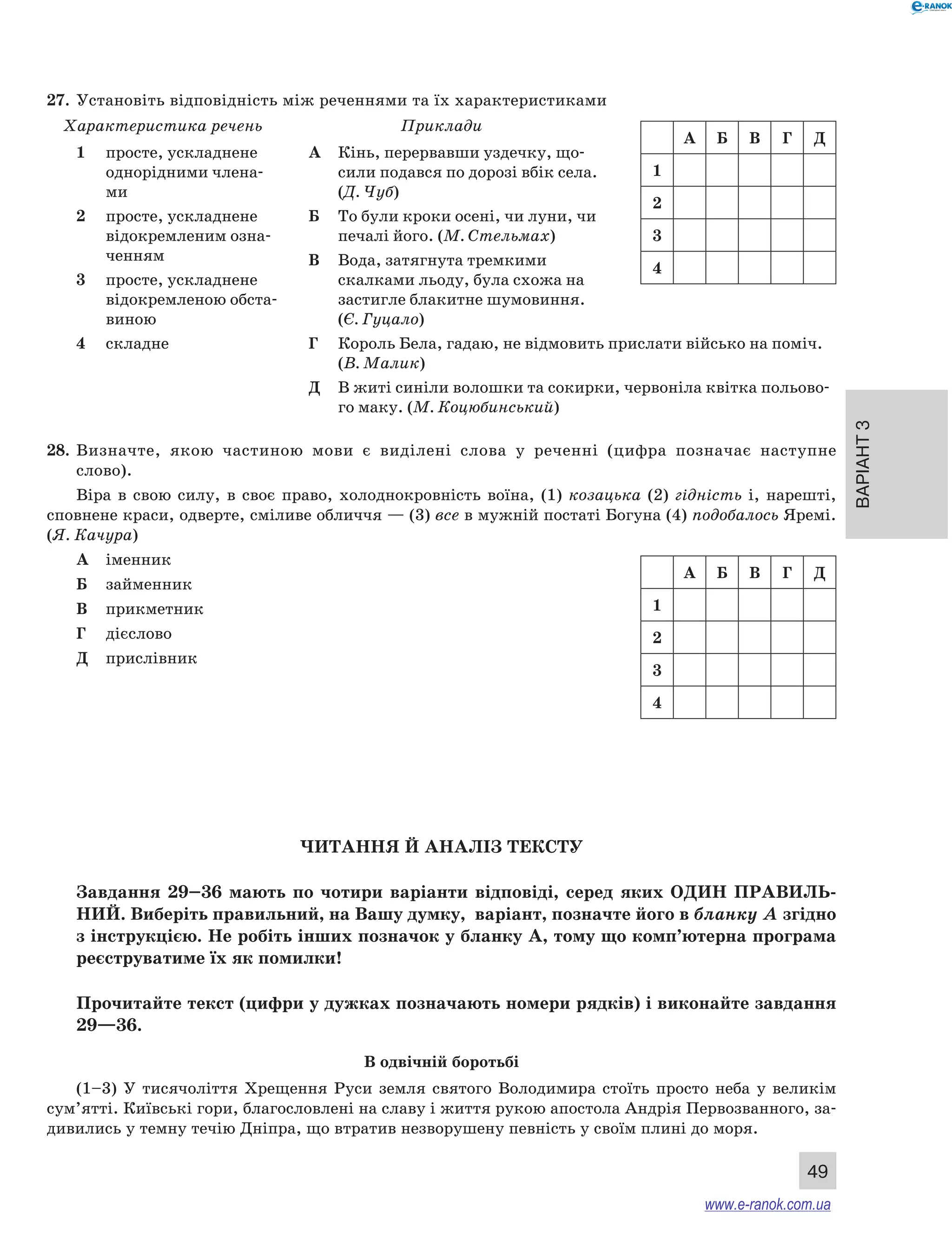 Варіант 3 
A Б В Г Д 
A Б В Г Д 
49 
27. Установіть відповідність між реченнями та їх характеристиками 
Характеристика речень Приклади 
1 просте, ускладнене 
однорідними члена- 
ми 
2 просте, ускладнене 
відокремленим озна- 
ченням 
3 просте, ускладнене 
відокремленою обста- 
виною 
4 складне 
А Кінь, перервавши уздечку, що- 
сили подався по дорозі вбік села. 
(Д. Чуб) 
Б То були кроки осені, чи луни, чи 
печалі його. (М. Стельмах) 
В Вода, затягнута тремкими 
скалками льоду, була схожа на 
застигле блакитне шумовиння. 
(Є. Гуцало) 
1 
2 
3 
4 
Г Король Бела, гадаю, не відмовить прислати військо на поміч. 
(В. Малик) 
Д В житі синіли волошки та сокирки, червоніла квітка польово- 
го маку. (М. Коцюбинський) 
28. Визначте, якою частиною мови є виділені слова у реченні (цифра позначає наступне 
слово). 
Віра в свою силу, в своє право, холоднокровність воїна, (1) козацька (2) гідність і, нарешті, 
сповнене краси, одверте, сміливе обличчя — (3) все в мужній постаті Богуна (4) подобалось Яремі. 
(Я. Качура) 
А іменник 
Б займенник 
В прикметник 
Г дієслово 
Д прислівник 
Читання й аналіз тексту 
1 
2 
3 
4 
Завдання 29–36 мають по чотири варіанти відповіді, серед яких ОДИН ПРА ВИЛЬ­НИ 
Й. Виберіть правильний, на Вашу думку, варіант, позначте його в бланку А згідно 
з інструкцією. Не робіть інших позначок у бланку А, тому що комп’ютерна програма 
реєструватиме їх як помилки! 
Прочитайте текст (цифри у дужках позначають номери рядків) і виконайте завдання 
29—36. 
В одвічній боротьбі 
(1–3) У тисячоліття Хрещення Руси земля святого Володимира стоїть просто неба у великім 
сум’ятті. Київські гори, благословлені на славу і життя рукою апостола Андрія Первозванного, за- 
дивились у темну течію Дніпра, що втратив незворушену певність у своїм плині до моря. 
www.e-ranok.com.ua 
 