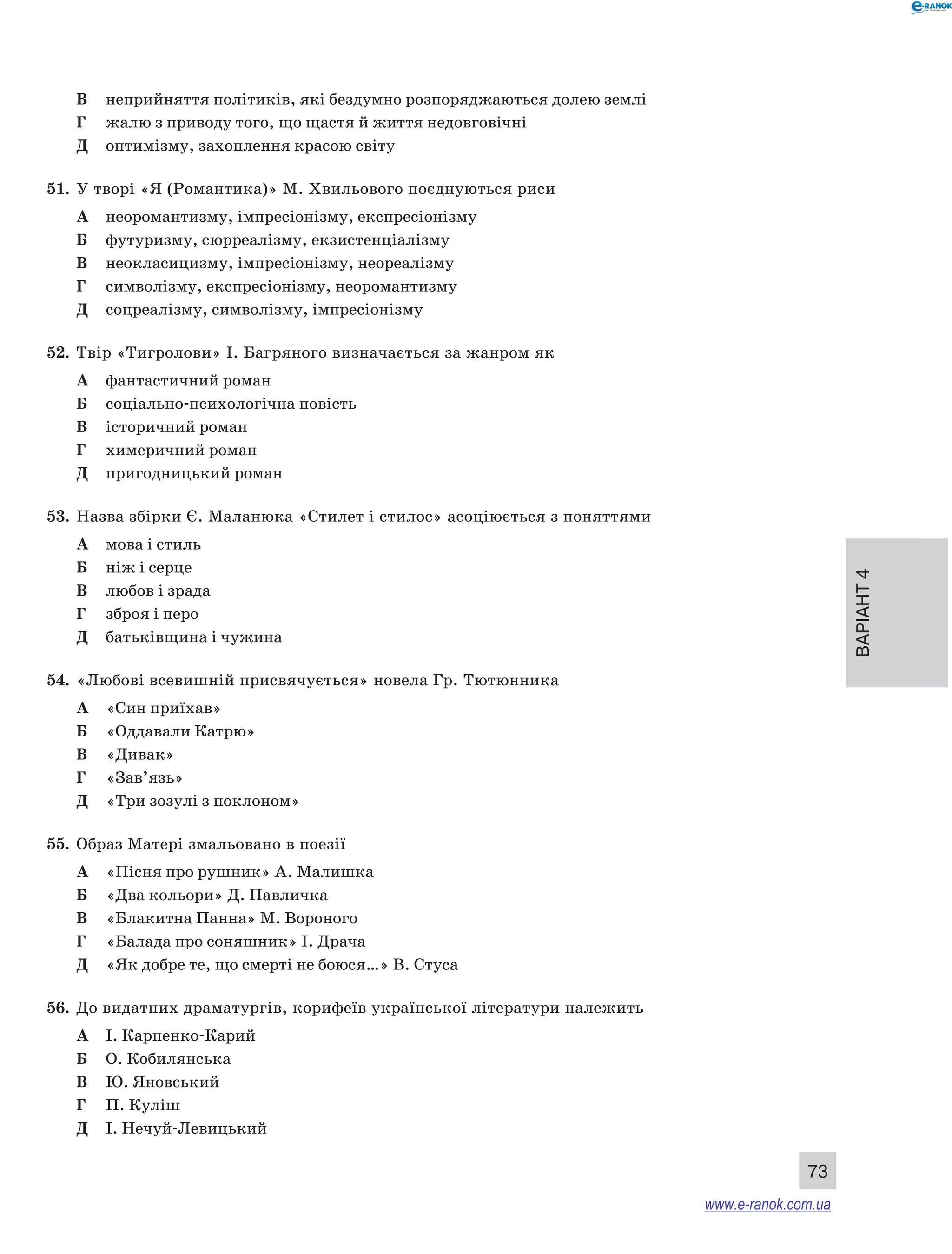 Варіант 4 
73 
В неприйняття політиків, які бездумно розпоряджаються долею землі 
Г жалю з приводу того, що щастя й життя недовговічні 
Д оптимізму, захоплення красою світу 
51. У творі «Я (Романтика)» М. Хвильового поєднуються риси 
А неоромантизму, імпресіонізму, експресіонізму 
Б футуризму, сюрреалізму, екзистенціалізму 
В неокласицизму, імпресіонізму, неореалізму 
Г символізму, експресіонізму, неоромантизму 
Д соцреалізму, символізму, імпресіонізму 
52. Твір «Тигролови» І. Багряного визначається за жанром як 
А фантастичний роман 
Б соціально-психологічна повість 
В історичний роман 
Г химеричний роман 
Д пригодницький роман 
53. Назва збірки Є. Маланюка «Стилет і стилос» асоціюється з поняттями 
А мова і стиль 
Б ніж і серце 
В любов і зрада 
Г зброя і перо 
Д батьківщина і чужина 
54. «Любові всевишній присвячується» новела Гр. Тютюнника 
А «Син приїхав» 
Б «Оддавали Катрю» 
В «Дивак» 
Г «Зав’язь» 
Д «Три зозулі з поклоном» 
55. Образ Матері змальовано в поезії 
А «Пісня про рушник» А. Малишка 
Б «Два кольори» Д. Павличка 
В «Блакитна Панна» М. Вороного 
Г «Балада про соняшник» І. Драча 
Д «Як добре те, що смерті не боюся…» В. Стуса 
56. До видатних драматургів, корифеїв української літератури належить 
А І. Карпенко-Карий 
Б О. Кобилянська 
В Ю. Яновський 
Г П. Куліш 
Д І. Нечуй-Левицький 
www.e-ranok.com.ua 
 