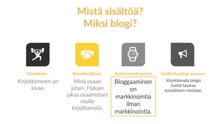 Mistä sisältöä?
Miksi blogi?
Hauskuus
Kirjoittaminen on
kivaa.
Asiantuntijuus
Minä osaan
jotain. Haluan
jakaa osaamistani
muille
kirjoittamalla.
Sisältömarkkinointia
Bloggaaminen
on
markkinointia
ilman
markkinointia.
Sisällöntuottaja someen
Kirjoittamalla blogia
tuotat tavaraa
sosiaaliseen mediaan.
 