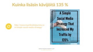 www.marjanousiainen.com
© 2015 FutureMarja
http://www.myonlinebizjourney.co
m/simple-social-media-strategy/
.
Kuinka lisäsin kävijöitä 135 %
 