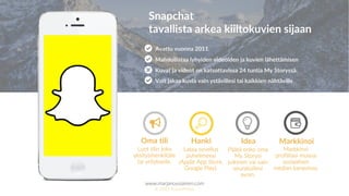 www.marjanousiainen.com
© 2015 FutureMarja
Lataa sovellus
puhelimeesi
(Apple App Store,
Google Play).
Hanki
Päätä onko oma
My Storysi
julkinen vai vain
seuratuillesi
avoin.
Idea
Markkinoi
profiiliasi muissa
sosiaalisen
median kanavissa.
Markkinoi
Luot tilin joko
yksityishenkilölle
tai yritykselle.
Oma tili
Avattu vuonna 2011.
Mahdollistaa lyhyiden videoiden ja kuvien lähettämisen.
Kuvat ja videot on katsottavissa 24 tuntia My Storyssä.
Voit jakaa kuvia vain ystävillesi tai kaikkien nähtäville.
Snapchat
tavallista arkea kiiltokuvien sijaan
 
