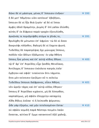 Ἐπιμέλεια κειμένου Ἰωάννης Καραδημητρόπουλος σελίς 20 ἐκ 111
δῶκε δέ οἱ μάστιγα, μένος δ’ ἵπποισιν ἐνῆκεν· Ψ 390
ἣ δὲ μετ’ Ἀδμήτου υἱὸν κοτέουσ’ ἐβεβήκει,
ἵππειον δέ οἱ ἦξε θεὰ ζυγόν· αἳ δέ οἱ ἵπποι
ἀμφὶς ὁδοῦ δραμέτην, ῥυμὸς δ’ ἐπὶ γαῖαν ἐλύσθη.
αὐτὸς δ’ ἐκ δίφροιο παρὰ τροχὸν ἐξεκυλίσθη,
ἀγκῶνάς τε περιδρύφθη στόμα τε ῥῖνάς τε, Ψ 395
θρυλίχθη δὲ μέτωπον ἐπ’ ὀφρύσι· τὼ δέ οἱ ὄσσε
δακρυόφι πλῆσθεν, θαλερὴ δέ οἱ ἔσχετο φωνή.
Τυδεΐδης δὲ παρατρέψας ἔχε μώνυχας ἵππους,
πολλὸν τῶν ἄλλων ἐξάλμενος· ἐν γὰρ Ἀθήνη
ἵπποις ἧκε μένος καὶ ἐπ’ αὐτῷ κῦδος ἔθηκε. Ψ 400
τῷ δ’ ἄρ’ ἐπ’ Ἀτρεΐδης εἶχε ξανθὸς Μενέλαος.
Ἀντίλοχος δ’ ἵπποισιν ἐκέκλετο πατρὸς ἑοῖο·
ἔμβητον καὶ σφῶϊ· τιταίνετον ὅττι τάχιστα.
ἤτοι μὲν κείνοισιν ἐριζέμεν οὔ τι κελεύω
Τυδεΐδεω ἵπποισι δαΐφρονος, οἷσιν Ἀθήνη Ψ 405
νῦν ὤρεξε τάχος καὶ ἐπ’ αὐτῷ κῦδος ἔθηκεν·
ἵππους δ’ Ἀτρεΐδαο κιχάνετε, μὴ δὲ λίπησθον,
καρπαλίμως, μὴ σφῶϊν ἐλεγχείην καταχεύῃ
Αἴθη θῆλυς ἐοῦσα· τί ἢ λείπεσθε φέριστοι;
ὧδε γὰρ ἐξερέω, καὶ μὴν τετελεσμένον ἔσται· Ψ 410
οὐ σφῶϊν κομιδὴ παρὰ Νέστορι ποιμένι λαῶν
ἔσσεται, αὐτίκα δ’ ὔμμε κατακτενεῖ ὀξέϊ χαλκῷ,
 