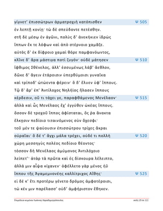 Ἐπιμέλεια κειμένου Ἰωάννης Καραδημητρόπουλος σελίς 25 ἐκ 111
γίγνετ’ ἐπισσώτρων ἁρματροχιὴ κατόπισθεν Ψ 505
ἐν λεπτῇ κονίῃ· τὼ δὲ σπεύδοντε πετέσθην.
στῆ δὲ μέσῳ ἐν ἀγῶνι, πολὺς δ’ ἀνεκήκιεν ἱδρὼς
ἵππων ἔκ τε λόφων καὶ ἀπὸ στέρνοιο χαμᾶζε.
αὐτὸς δ’ ἐκ δίφροιο χαμαὶ θόρε παμφανόωντος,
κλῖνε δ’ ἄρα μάστιγα ποτὶ ζυγόν· οὐδὲ μάτησεν Ψ 510
ἴφθιμος Σθένελος, ἀλλ’ ἐσσυμένως λάβ’ ἄεθλον,
δῶκε δ’ ἄγειν ἑτάροισιν ὑπερθύμοισι γυναῖκα
καὶ τρίποδ’ ὠτώεντα φέρειν· ὃ δ’ ἔλυεν ὑφ’ ἵππους.
Τῷ δ’ ἄρ’ ἐπ’ Ἀντίλοχος Νηλήϊος ἤλασεν ἵππους
κέρδεσιν, οὔ τι τάχει γε, παραφθάμενος Μενέλαον· Ψ 515
ἀλλὰ καὶ ὧς Μενέλαος ἔχ’ ἐγγύθεν ὠκέας ἵππους.
ὅσσον δὲ τροχοῦ ἵππος ἀφίσταται, ὅς ῥα ἄνακτα
ἕλκῃσιν πεδίοιο τιταινόμενος σὺν ὄχεσφι·
τοῦ μέν τε ψαύουσιν ἐπισσώτρου τρίχες ἄκραι
οὐραῖαι· ὃ δέ τ’ ἄγχι μάλα τρέχει, οὐδέ τι πολλὴ Ψ 520
χώρη μεσσηγὺς πολέος πεδίοιο θέοντος·
τόσσον δὴ Μενέλαος ἀμύμονος Ἀντιλόχοιο
λείπετ’· ἀτὰρ τὰ πρῶτα καὶ ἐς δίσκουρα λέλειπτο,
ἀλλά μιν αἶψα κίχανεν· ὀφέλλετο γὰρ μένος ἠῢ
ἵππου τῆς Ἀγαμεμνονέης καλλίτριχος Αἴθης· Ψ 525
εἰ δέ κ’ ἔτι προτέρω γένετο δρόμος ἀμφοτέροισι,
τώ κέν μιν παρέλασσ’ οὐδ’ ἀμφήριστον ἔθηκεν.
 