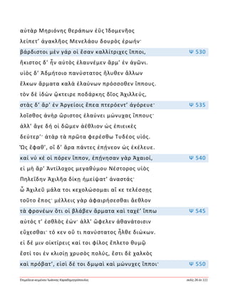 Ἐπιμέλεια κειμένου Ἰωάννης Καραδημητρόπουλος σελίς 26 ἐκ 111
αὐτὰρ Μηριόνης θεράπων ἐῢς Ἰδομενῆος
λείπετ’ ἀγακλῆος Μενελάου δουρὸς ἐρωήν·
βάρδιστοι μὲν γάρ οἱ ἔσαν καλλίτριχες ἵπποι, Ψ 530
ἤκιστος δ’ ἦν αὐτὸς ἐλαυνέμεν ἅρμ’ ἐν ἀγῶνι.
υἱὸς δ’ Ἀδμήτοιο πανύστατος ἤλυθεν ἄλλων
ἕλκων ἅρματα καλὰ ἐλαύνων πρόσσοθεν ἵππους.
τὸν δὲ ἰδὼν ᾤκτειρε ποδάρκης δῖος Ἀχιλλεύς,
στὰς δ’ ἄρ’ ἐν Ἀργείοις ἔπεα πτερόεντ’ ἀγόρευε· Ψ 535
λοῖσθος ἀνὴρ ὤριστος ἐλαύνει μώνυχας ἵππους·
ἀλλ’ ἄγε δή οἱ δῶμεν ἀέθλιον ὡς ἐπιεικὲς
δεύτερ’· ἀτὰρ τὰ πρῶτα φερέσθω Τυδέος υἱός.
Ὣς ἔφαθ’, οἳ δ’ ἄρα πάντες ἐπῄνεον ὡς ἐκέλευε.
καί νύ κέ οἱ πόρεν ἵππον, ἐπῄνησαν γὰρ Ἀχαιοί, Ψ 540
εἰ μὴ ἄρ’ Ἀντίλοχος μεγαθύμου Νέστορος υἱὸς
Πηλεΐδην Ἀχιλῆα δίκῃ ἠμείψατ’ ἀναστάς·
ὦ Ἀχιλεῦ μάλα τοι κεχολώσομαι αἴ κε τελέσσῃς
τοῦτο ἔπος· μέλλεις γὰρ ἀφαιρήσεσθαι ἄεθλον
τὰ φρονέων ὅτι οἱ βλάβεν ἅρματα καὶ ταχέ’ ἵππω Ψ 545
αὐτός τ’ ἐσθλὸς ἐών· ἀλλ’ ὤφελεν ἀθανάτοισιν
εὔχεσθαι· τό κεν οὔ τι πανύστατος ἦλθε διώκων.
εἰ δέ μιν οἰκτίρεις καί τοι φίλος ἔπλετο θυμῷ
ἔστί τοι ἐν κλισίῃ χρυσὸς πολύς, ἔστι δὲ χαλκὸς
καὶ πρόβατ’, εἰσὶ δέ τοι δμῳαὶ καὶ μώνυχες ἵπποι· Ψ 550
 