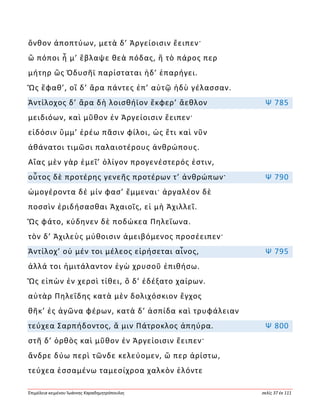 Ἐπιμέλεια κειμένου Ἰωάννης Καραδημητρόπουλος σελίς 37 ἐκ 111
ὄνθον ἀποπτύων, μετὰ δ’ Ἀργείοισιν ἔειπεν·
ὢ πόποι ἦ μ’ ἔβλαψε θεὰ πόδας, ἣ τὸ πάρος περ
μήτηρ ὣς Ὀδυσῆϊ παρίσταται ἠδ’ ἐπαρήγει.
Ὣς ἔφαθ’, οἳ δ’ ἄρα πάντες ἐπ’ αὐτῷ ἡδὺ γέλασσαν.
Ἀντίλοχος δ’ ἄρα δὴ λοισθήϊον ἔκφερ’ ἄεθλον Ψ 785
μειδιόων, καὶ μῦθον ἐν Ἀργείοισιν ἔειπεν·
εἰδόσιν ὔμμ’ ἐρέω πᾶσιν φίλοι, ὡς ἔτι καὶ νῦν
ἀθάνατοι τιμῶσι παλαιοτέρους ἀνθρώπους.
Αἴας μὲν γὰρ ἐμεῖ’ ὀλίγον προγενέστερός ἐστιν,
οὗτος δὲ προτέρης γενεῆς προτέρων τ’ ἀνθρώπων· Ψ 790
ὠμογέροντα δέ μίν φασ’ ἔμμεναι· ἀργαλέον δὲ
ποσσὶν ἐριδήσασθαι Ἀχαιοῖς, εἰ μὴ Ἀχιλλεῖ.
Ὣς φάτο, κύδηνεν δὲ ποδώκεα Πηλεΐωνα.
τὸν δ’ Ἀχιλεὺς μύθοισιν ἀμειβόμενος προσέειπεν·
Ἀντίλοχ’ οὐ μέν τοι μέλεος εἰρήσεται αἶνος, Ψ 795
ἀλλά τοι ἡμιτάλαντον ἐγὼ χρυσοῦ ἐπιθήσω.
Ὣς εἰπὼν ἐν χερσὶ τίθει, ὃ δ’ ἐδέξατο χαίρων.
αὐτὰρ Πηλεΐδης κατὰ μὲν δολιχόσκιον ἔγχος
θῆκ’ ἐς ἀγῶνα φέρων, κατὰ δ’ ἀσπίδα καὶ τρυφάλειαν
τεύχεα Σαρπήδοντος, ἅ μιν Πάτροκλος ἀπηύρα. Ψ 800
στῆ δ’ ὀρθὸς καὶ μῦθον ἐν Ἀργείοισιν ἔειπεν·
ἄνδρε δύω περὶ τῶνδε κελεύομεν, ὥ περ ἀρίστω,
τεύχεα ἑσσαμένω ταμεσίχροα χαλκὸν ἑλόντε
 
