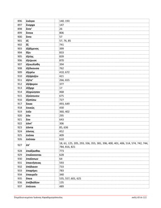 Ἐπιμέλεια κειμένου Ἰωάννης Καραδημητρόπουλος σελίς 65 ἐκ 111
896 ἐνόησε 140, 193
897 ἔνορχα 147
898 ἔντε’ 26
899 ἔντεα 806
900 ἕντο 57
901 ἐξ 57, 76, 85
902 ἕξ 741
903 ἐξάλμενος 399
904 ἕξει 833
905 ἑξείης 839
906 ἐξείρυσε 870
907 ἐξεκυλίσθη 394
908 ἐξέλκουσα 762
909 ἐξερέω 410, 672
910 ἐξέῤῥηξεν 421
911 ἑξέτε’ 266, 655
912 ἐξέφερον 377
913 ἐξῆρχε 17
914 ἐξηρώησαν 468
915 ἐξοίσουσιν 675
916 ἐξοπίσω 727
917 ἔοικε 493, 649
918 ἐοικώς 430
919 ἑοῖο 360, 402
920 ἑόν 295
921 ἔον 643
922 ἐόντ’ 306
923 ἐόντα 85, 636
924 ἐόντος 452
925 ἐοῦσα 409
926 ἐοῦσαν 610
927 ἐπ’
18, 61, 125, 205, 293, 336, 355, 381, 396, 400, 401, 406, 514, 574, 742, 744,
784, 816, 821
928 ἐπαΐξασθαι 773
929 ἐπαΐσσονται 628
930 ἐπαΐσσων 64
931 ἐπαιτήσειας 593
932 ἐπάλαιον 733
933 ἐπαρήγει 783
934 ἐπαυρεῖν 340
935 ἔπεα 535, 557, 601, 625
936 ἐπέβαλλον 135
937 ἐπέεσσι 489
 