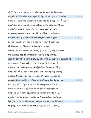 Ἐπιμέλεια κειμένου Ἰωάννης Καραδημητρόπουλος σελίς 8 ἐκ 111
οἳ δ’ ἴσαν ὑλοτόμους πελέκεας ἐν χερσὶν ἔχοντες
σειράς τ’ εὐπλέκτους· πρὸ δ’ ἄρ’ οὐρῆες κίον αὐτῶν. Ψ 115
πολλὰ δ’ ἄναντα κάταντα πάραντά τε δόχμιά τ’ ἦλθον·
ἀλλ’ ὅτε δὴ κνημοὺς προσέβαν πολυπίδακος Ἴδης,
αὐτίκ’ ἄρα δρῦς ὑψικόμους ταναήκεϊ χαλκῷ
τάμνον ἐπειγόμενοι· ταὶ δὲ μεγάλα κτυπέουσαι
πῖπτον· τὰς μὲν ἔπειτα διαπλήσσοντες Ἀχαιοὶ Ψ 120
ἔκδεον ἡμιόνων· ταὶ δὲ χθόνα ποσσὶ δατεῦντο
ἐλδόμεναι πεδίοιο διὰ ῥωπήϊα πυκνά.
πάντες δ’ ὑλοτόμοι φιτροὺς φέρον· ὡς γὰρ ἀνώγει
Μηριόνης θεράπων ἀγαπήνορος Ἰδομενῆος.
κὰδ δ’ ἄρ’ ἐπ’ ἀκτῆς βάλλον ἐπισχερώ, ἔνθ’ ἄρ’ Ἀχιλλεὺς Ψ 125
φράσσατο Πατρόκλῳ μέγα ἠρίον ἠδὲ οἷ αὐτῷ.
Αὐτὰρ ἐπεὶ πάντῃ παρακάββαλον ἄσπετον ὕλην
ἥατ’ ἄρ’ αὖθι μένοντες ἀολλέες. αὐτὰρ Ἀχιλλεὺς
αὐτίκα Μυρμιδόνεσσι φιλοπτολέμοισι κέλευσε
χαλκὸν ζώννυσθαι, ζεῦξαι δ’ ὑπ’ ὄχεσφιν ἕκαστον Ψ 130
ἵππους· οἳ δ’ ὄρνυντο καὶ ἐν τεύχεσσιν ἔδυνον,
ἂν δ’ ἔβαν ἐν δίφροισι παραιβάται ἡνίοχοί τε,
πρόσθε μὲν ἱππῆες, μετὰ δὲ νέφος εἵπετο πεζῶν
μυρίοι· ἐν δὲ μέσοισι φέρον Πάτροκλον ἑταῖροι.
θριξὶ δὲ πάντα νέκυν καταείνυσαν, ἃς ἐπέβαλλον Ψ 135
κειρόμενοι· ὄπιθεν δὲ κάρη ἔχε δῖος Ἀχιλλεὺς
 
