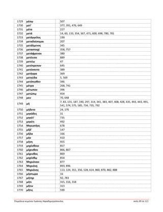 Ἐπιμέλεια κειμένου Ἰωάννης Καραδημητρόπουλος σελίς 85 ἐκ 111
1729 μέσῳ 507
1730 μετ’ 377, 391, 476, 649
1731 μέτα 227
1732 μετά 14, 60, 133, 354, 367, 471, 600, 698, 780, 781
1733 μετάγγελος 199
1734 μεταδαίσομαι 207
1735 μετάλμενος 345
1736 μεταστοιχί 358, 757
1737 μετάφρενον 380
1738 μετέειπε 889
1739 μετείω 47
1740 μετέπρεπον 645
1741 μετέσσυτο 389
1742 μετήορα 369
1743 μετηύδα 5, 569
1744 μετόπισθεν 346
1745 μέτρα 268, 741
1746 μέτωπον 396
1747 μετώπῳ 454
1748 μευ 70, 648
1749 μή
7, 83, 155, 187, 190, 297, 314, 341, 383, 407, 408, 428, 435, 443, 443, 491,
541, 574, 575, 585, 734, 735, 792
1750 μήδετο 24, 176
1751 μηκάδες 31
1752 μηκέτ’ 735
1753 μηκέτι 492
1754 Μηκιστῆος 678
1755 μῆλ’ 147
1756 μῆλα 166
1757 μήν 410
1758 μήνη 455
1759 μηρίνθοιο 857
1760 μήρινθον 866, 867
1761 μήρινθος 869
1762 μηρίνθῳ 854
1763 Μηριόναο 877
1764 Μηριόνῃ 893, 896
1765 Μηριόνης 113, 124, 351, 356, 528, 614, 860, 870, 882, 888
1766 μήστωρα 16
1767 μήτηρ 92, 783
1768 μήτι 315, 316, 318
1769 μῆτιν 313
1770 μῆτις 590
 