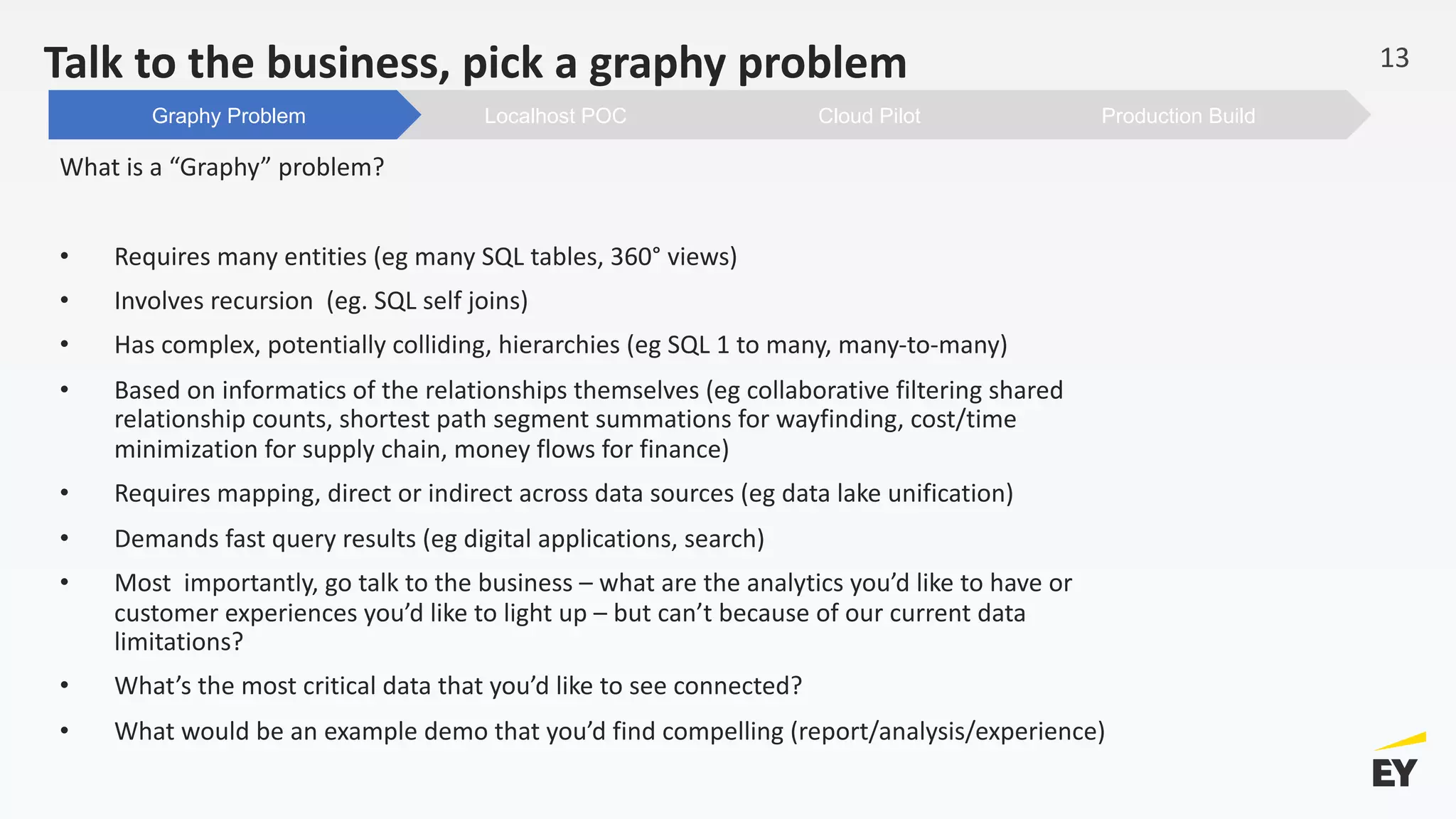 Talk to the business, pick a graphy problem
What is a “Graphy” problem?
• Requires many entities (eg many SQL tables, 360° views)
• Involves recursion (eg. SQL self joins)
• Has complex, potentially colliding, hierarchies (eg SQL 1 to many, many-to-many)
• Based on informatics of the relationships themselves (eg collaborative filtering shared
relationship counts, shortest path segment summations for wayfinding, cost/time
minimization for supply chain, money flows for finance)
• Requires mapping, direct or indirect across data sources (eg data lake unification)
• Demands fast query results (eg digital applications, search)
• Most importantly, go talk to the business – what are the analytics you’d like to have or
customer experiences you’d like to light up – but can’t because of our current data
limitations?
• What’s the most critical data that you’d like to see connected?
• What would be an example demo that you’d find compelling (report/analysis/experience)
13
Production BuildCloud PilotLocalhost POCGraphy Problem
 