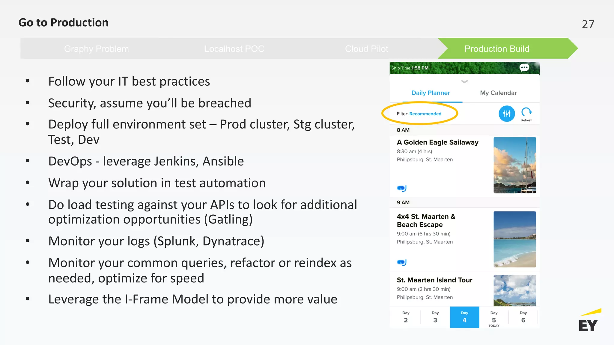 Production BuildCloud PilotLocalhost POCGraphy Problem
Go to Production 27
• Follow your IT best practices
• Security, assume you’ll be breached
• Deploy full environment set – Prod cluster, Stg cluster,
Test, Dev
• DevOps - leverage Jenkins, Ansible
• Wrap your solution in test automation
• Do load testing against your APIs to look for additional
optimization opportunities (Gatling)
• Monitor your logs (Splunk, Dynatrace)
• Monitor your common queries, refactor or reindex as
needed, optimize for speed
• Leverage the I-Frame Model to provide more value
 
