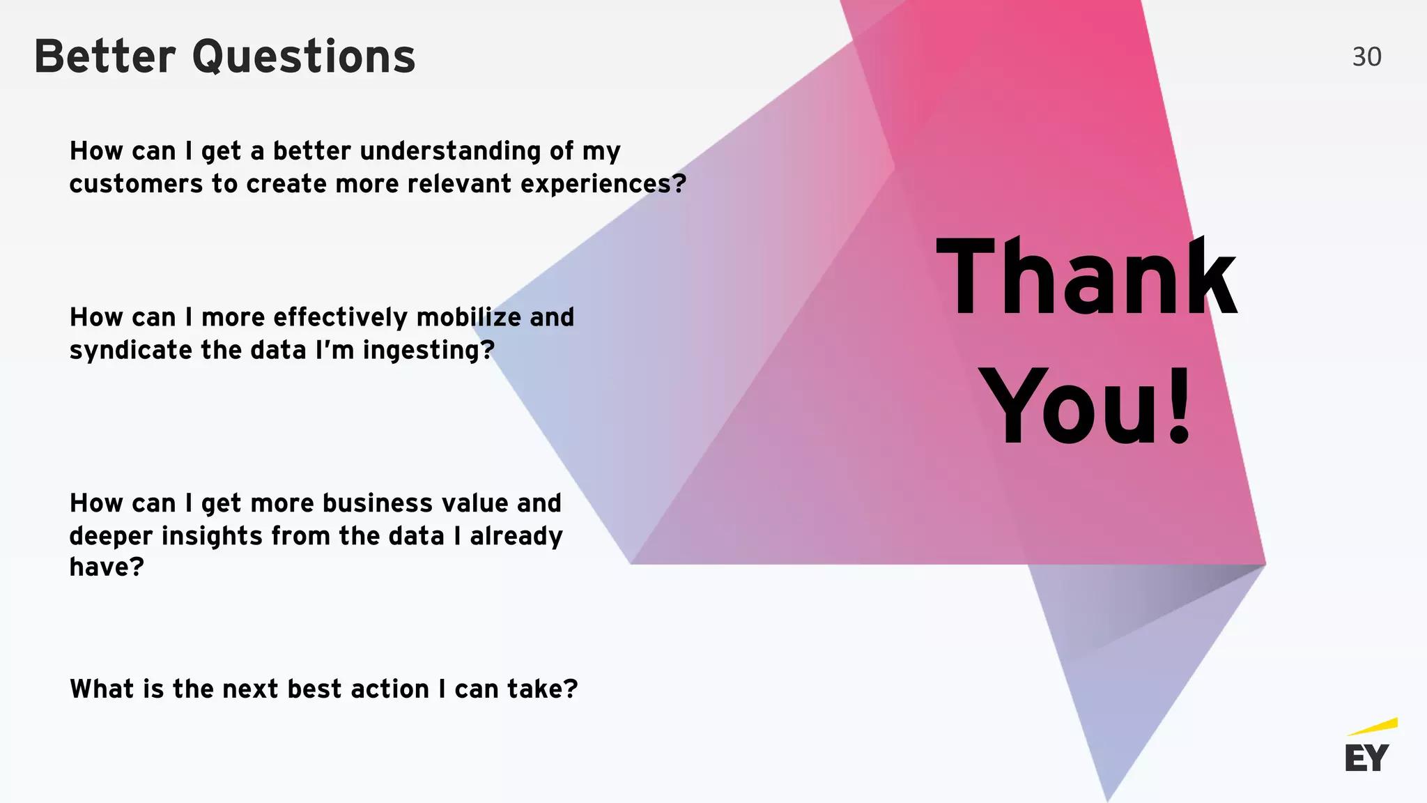 Better Questions
How can I get more business value and
deeper insights from the data I already
have?
How can I get a better understanding of my
customers to create more relevant experiences?
How can I more effectively mobilize and
syndicate the data I’m ingesting?
What is the next best action I can take?
Thank
You!
30
 