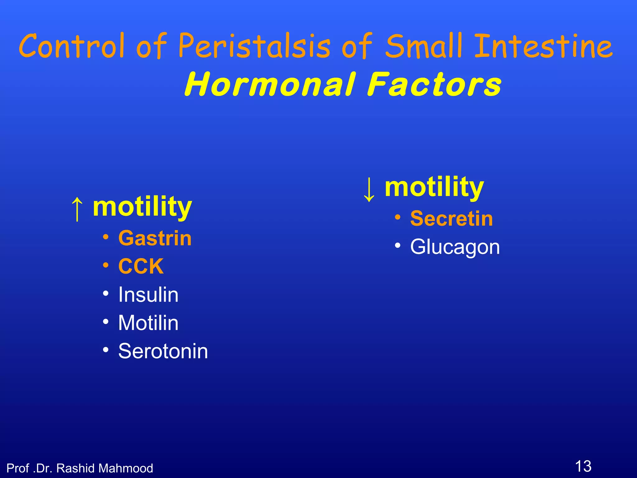 13Prof .Dr. Rashid Mahmood
Control of Peristalsis of Small Intestine
Hormonal Factors
↑ motility
• Gastrin
• CCK
• Insulin
• Motilin
• Serotonin
↓ motility
• Secretin
• Glucagon
 