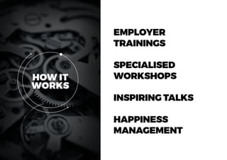HOW IT
WORKS
EMPLOYER
TRAININGS
SPECIALISED
WORKSHOPS
INSPIRING TALKS
HAPPINESS
MANAGEMENT
 