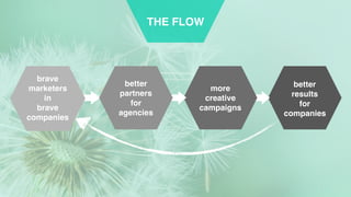 4
THE FLOW
more
creative
campaigns
better
results
for
companies
better
partners 
for
agencies
brave
marketers 
in 
brave
companies
 