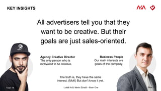 KEY INSIGHTS
Agency Creative Director
The only person who is
motivated to be creative.
Business People
Our main interests are
goals of the company.
Slide 1Team 18 Lukáš Krčil, Martin Zdražil – Brain One
The truth is, they have the same
interest. (McK) But don’t know it yet.
All advertisers tell you that they
want to be creative. But their
goals are just sales-oriented.
 