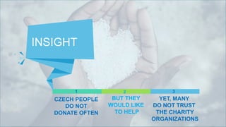 1
INSIGHT
CZECH PEOPLE
DO NOT
DONATE OFTEN
BUT THEY
WOULD LIKE
TO HELP
2
YET, MANY
DO NOT TRUST
THE CHARITY
ORGANIZATIONS
3
 