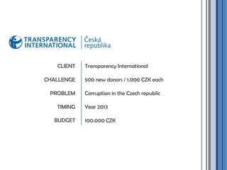 Transparency International
500 new donors / 1.000 CZK each
Corruption in the Czech republic
Year 2013
100.000 CZK
CLIENT
CHALLENGE
PROBLEM
TIMING
BUDGET
 