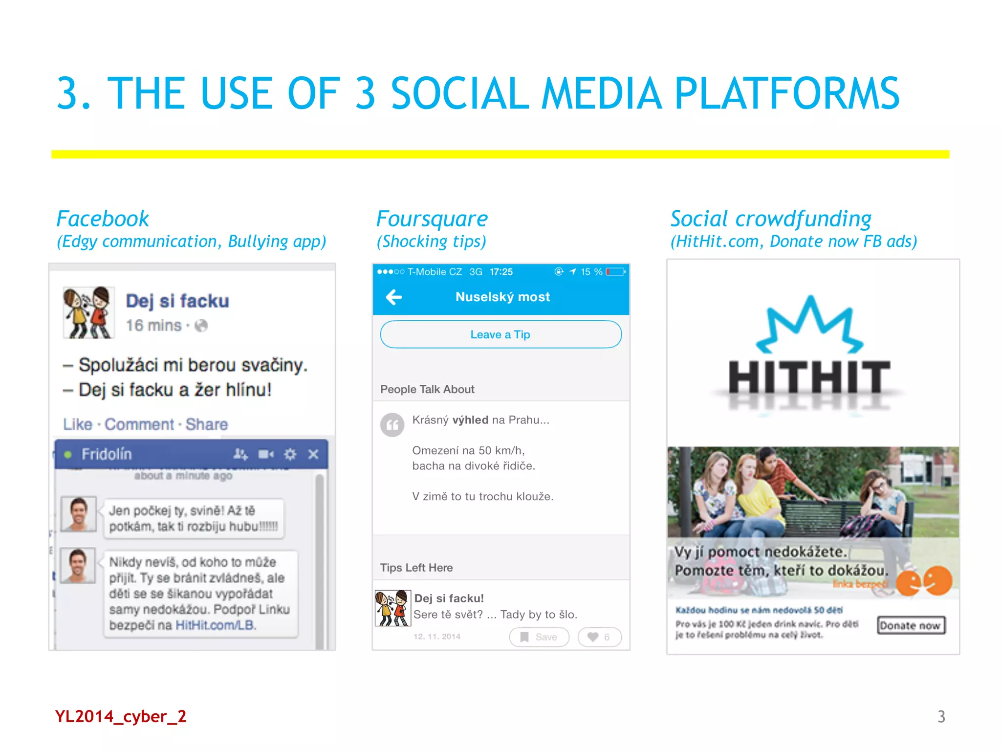3. THE USE OF 3 SOCIAL MEDIA PLATFORMS
Facebook
(Edgy communication, Bullying app)
Social crowdfunding
(HitHit.com, Donate now FB ads)
Foursquare
(Shocking tips)
YL2014_cyber_2 3
 
