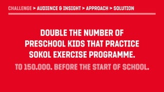 challenge > audienceS & insight > approach > solu4on
DOUBLE THE NUMBER OF
PRESCHOOL KIDS THAT PRACTICE
SOKOL EXERCISE PROGRAMME.
To 150.000. Before the start of
school.
1
CHALLENGE > AUDIENCE & INSIGHT > APPROACH > SOLUTION
DOUBLE THE NUMBER OF
PRESCHOOL KIDS THAT PRACTICE
SOKOL EXERCISE PROGRAMME.
TO 150.000. BEFORE THE START OF SCHOOL.
CHALLENGE > AUDIENCES & INSIGHT > APPROACH > SOLUTION
DOUBLE THE NUMBER OF
PRESCHOOL KIDS THAT PRACTICE
SOKOL EXERCISE PROGRAMME.
TO 150.000. BEFORE THE START OF
SCHOOL.
1
CHALLENGE > AUDIENCE & INSIGHT > APPROACH > SOLUTION
DOUBLE THE NUMBER OF
PRESCHOOL KIDS THAT PRACTICE
SOKOL EXERCISE PROGRAMME.
TO 150.000. BEFORE THE START OF SCHOOL.
 