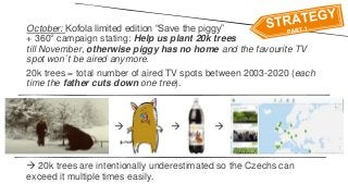 October: Kofola limited edition “Save the piggy”
+ 360° campaign stating: Help us plant 20k trees
till November, otherwise piggy has no home and the favourite TV
spot won´t be aired anymore.
20k trees = total number of aired TV spots between 2003-2020 (each
time the father cuts down one tree).
 20k trees are intentionally underestimated so the Czechs can
exceed it multiple times easily.
  
 