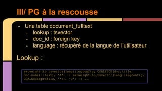 - Une table document_fulltext
- lookup : tsvector
- doc_id : foreign key
- language : récupéré de la langue de l’utilisate...