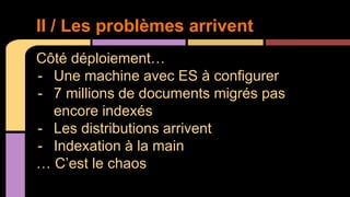 Côté déploiement…
- Une machine avec ES à configurer
- 7 millions de documents migrés pas
encore indexés
- Les distributio...