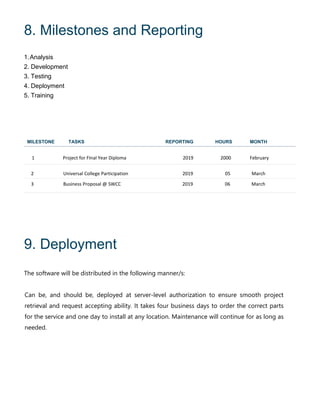8. Milestones and Reporting
1.Analysis
2. Development
3. Testing
4. Deployment
5. Training
MILESTONE TASKS REPORTING HOURS MONTH
1 Project for FInal Year Diploma 2019 2000 February
2 Universal College Participation 2019 05 March
3 Business Proposal @ SWCC 2019 06 March
9. Deployment
The software will be distributed in the following manner/s:
Can be, and should be, deployed at server-level authorization to ensure smooth project
retrieval and request accepting ability. It takes four business days to order the correct parts
for the service and one day to install at any location. Maintenance will continue for as long as
needed.
 