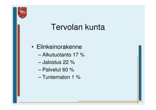 Tervolan kunta

• Elinkeinorakenne
  – Alkutuotanto 17 %
  – Jalostus 22 %
  – Palvelut 60 %
  – Tuntematon 1 %
 