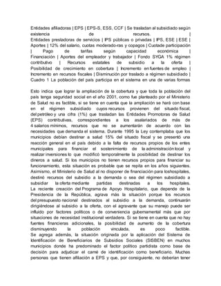 Entidades afiliadoras | EPS | EPS-S, ESS, CCF | Se trasladan al subsidiado según 
existencia de recursos. | 
Entidades prestadoras de servicios | IPS públicas o privadas | IPS, ESE | ESE | 
Aportes | 12% del salario, cuotas moderado-ras y copagos | Cuotade participación 
| Pago de tarifas según capacidad económica | 
Financiación | Aportes del empleador y trabajador | Fondo SYGA 1% régimen 
contributivo | Recursos estatales de subsidio a la oferta | 
Posibilidad de crecimiento en cobertura | Incremento en fuentes de empleo | 
Incremento en recursos fiscales | Disminución por traslado a régimen subsidiado | 
Cuadro 1 La población del país participa en el sistema en una de varias formas 
Esto indica que lograr la ampliación de la cobertura y que toda la población del 
país tenga seguridad social en el año 2001, como fue planteado por el Ministerio 
de Salud no es factible, si se tiene en cuenta que la ampliación se hará con base 
en el régimen subsidiado cuyos recursos provienen del situado fiscal, 
del petróleo y una cifra (1%) que trasladan las Entidades Promotoras de Salud 
(EPS) contributivas, correspondientes a los asalariados de más de 
4 salarios mínimos, recursos que no se aumentarán de acuerdo con las 
necesidades que demanda el sistema. Durante 1995 la Ley contemplaba que los 
municipios debían destinar a salud 15% del situado fiscal y se presentó una 
reacción general en el país debido a la falta de recursos propios de los entes 
municipales para financiar el sostenimiento de la administración local y 
realizar inversiones lo que modificó temporalmente la posibilidad de destinar los 
dineros a salud. Si los municipios no tienen recursos propios para financiar su 
funcionamiento, esta situación es probable que se repita en los años siguientes. 
Asimismo, el Ministerio de Salud al no disponer de financiación para loshospitales, 
destinó recursos del subsidio a la demanda o sea del régimen subsidiado a 
subsidiar la oferta mediante partidas destinadas a los hospitales. 
La reciente creación del Programa de Apoyo Hospitalario, que depende de la 
Presidencia de la República, agrava más la situación porque los recursos 
del presupuesto nacional destinados al subsidio a la demanda, continuarán 
dirigiéndose al subsidio a la oferta, con el agravante que su manejo puede ser 
influido por factores políticos o de conveniencia gubernamental más que por 
situaciones de necesidad institucional verdadera. Si se tiene en cuenta que no hay 
fuentes financieras adicionales, la posibilidad de aumento de la cobertura 
disminuyendo la población vinculada, es poco factible. 
Se agrega además, la situación originada por la aplicación del Sistema de 
Identificación de Beneficiarios de Subsidios Sociales (SISBEN) en muchos 
municipios donde ha predominado el factor político partidista como base de 
decisión para adjudicar el carné de identificación como beneficiario. Muchas 
personas que tienen afiliación a EPS y que, por consiguiente, no deberían tener 
 