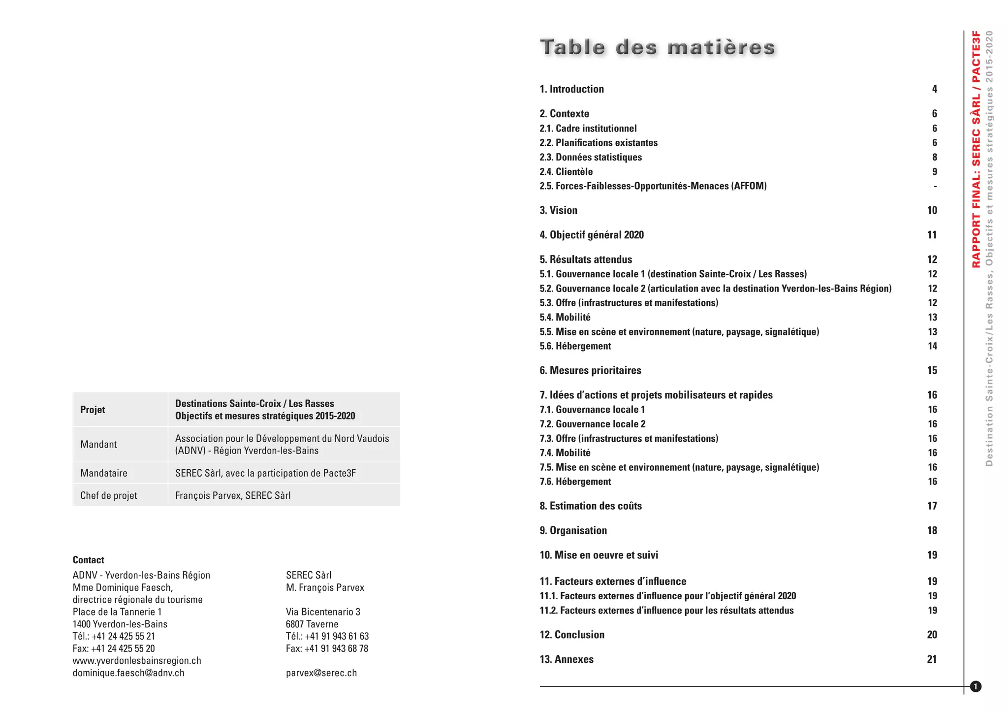 Contact
ADNV - Yverdon-les-Bains Région SEREC Sàrl
Mme Dominique Faesch, M. François Parvex
directrice régionale du tourisme
Place de la Tannerie 1 Via Bicentenario 3
1400 Yverdon-les-Bains 6807 Taverne
Tél.: +41 24 425 55 21 Tél.: +41 91 943 61 63
Fax: +41 24 425 55 20 Fax: +41 91 943 68 78
www.yverdonlesbainsregion.ch
dominique.faesch@adnv.ch parvex@serec.ch
Projet
Destinations Sainte-Croix / Les Rasses
Objectifs et mesures stratégiques 2015-2020
Mandant
Association pour le Développement du Nord Vaudois
(ADNV) - Région Yverdon-les-Bains
Mandataire SEREC Sàrl, avec la participation de Pacte3F
Chef de projet François Parvex, SEREC Sàrl
Table des matièresTable des matièresTable des matières
RAPPORTFINAL:SERECSÀRL/PACTE3F
DestinationSainte-Croix/LesRasses,Objectifsetmesuresstratégiques2015-2020
1
1. Introduction
2. Contexte
2.1. Cadre institutionnel
2.2. Planiﬁcations existantes
2.3. Données statistiques
2.4. Clientèle
2.5. Forces-Faiblesses-Opportunités-Menaces (AFFOM)
3. Vision
4. Objectif général 2020
5. Résultats attendus
5.1. Gouvernance locale 1 (destination Sainte-Croix / Les Rasses)
5.2. Gouvernance locale 2 (articulation avec la destination Yverdon-les-Bains Région)
5.3. Offre (infrastructures et manifestations)
5.4. Mobilité
5.5. Mise en scène et environnement (nature, paysage, signalétique)
5.6. Hébergement
6. Mesures prioritaires
7. Idées d’actions et projets mobilisateurs et rapides
7.1. Gouvernance locale 1
7.2. Gouvernance locale 2
7.3. Offre (infrastructures et manifestations)
7.4. Mobilité
7.5. Mise en scène et environnement (nature, paysage, signalétique)
7.6. Hébergement
8. Estimation des coûts
9. Organisation
10. Mise en oeuvre et suivi
11. Facteurs externes d’inﬂuence
11.1. Facteurs externes d’inﬂuence pour l’objectif général 2020
11.2. Facteurs externes d’inﬂuence pour les résultats attendus
12. Conclusion
13. Annexes
4
6
6
6
8
9
-
10
11
12
12
12
12
13
13
14
15
16
16
16
16
16
16
16
17
18
19
19
19
19
20
21
 