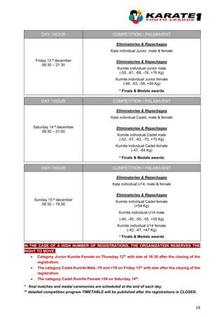 14
DAY / HOUR COMPETITION / PALAINVENT
Friday 13 th december
08:30 – 21:30
Eliminatories & Repechages
Kata individual Junior, male & female
Eliminatories & Repechages
Kumite individual Junior male
(-55, -61, -68, -76, +76 Kg)
Kumite individual Junior female
(-48, -53, -59, +59 Kg)
* Finals & Medals awards
DAY / HOUR COMPETITION / PALAINVENT
Saturday 14 th december
08:30 – 21:00
Eliminatories & Repechages
Kata individual Cadet, male & female
Eliminatories & Repechages
Kumite individual Cadet male
(-52, -57, -63, -70, +70 Kg)
Kumite individual Cadet female
(-47, -54 Kg)
* Finals & Medals awards
DAY / HOUR COMPETITION / PALAINVENT
Sunday 15 th december
08:30 – 19:30
Eliminatories & Repechages
Kata individual U14, male & female
Eliminatories & Repechages
Kumite individual Cadet female
(+54 Kg)
Kumite individual U14 male
(-40, -45, -50, -55, +55 Kg)
Kumite individual U14 female
(-42, -47, +47 Kg)
* Finals & Medals awards
IN THE CASE OF A HIGH NUMBER OF REGISTRATIONS, THE ORGANIZATION RESERVES THE
RIGHT TO MOVE:
• Category Junior Kumite Female on Thursday 12th
with star at 18:30 after the closing of the
registration.
• The category Cadet Kumite Male -70 and +70 on Friday 13th
with star after the closing of the
registration.
• The category Cadet Kumite Female +54 on Saturday 14th
.
* final matches and medal ceremonies are scheduled at the end of each day.
** detailed competition program TIMETABLE will be published after the registrations is CLOSED.
 