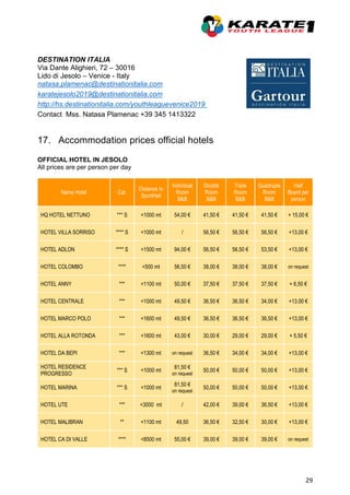 29
DESTINATION ITALIA
Via Dante Alighieri, 72 – 30016
Lido di Jesolo – Venice - Italy
natasa.plamenac@destinationitalia.com
karatejesolo2019@destinationitalia.com
http://hs.destinationitalia.com/youthleaguevenice2019
Contact Mss. Natasa Plamenac +39 345 1413322
17. Accommodation prices official hotels
OFFICIAL HOTEL IN JESOLO
All prices are per person per day
Name Hotel Cat.
Distance to
SportHall
Individual
Room
B&B
Double
Room
B&B
Triple
Room
B&B
Quadruple
Room
B&B
Half
Board per
person
HQ HOTEL NETTUNO *** S <1000 mt 54,00 € 41,50 € 41,50 € 41,50 € + 15,00 €
HOTEL VILLA SORRISO **** S <1000 mt / 56,50 € 56,50 € 56,50 € +13,00 €
HOTEL ADLON **** S <1500 mt 94,00 € 56,50 € 56,50 € 53,50 € +13,00 €
HOTEL COLOMBO **** <500 mt 56,50 € 38,00 € 38,00 € 38,00 € on request
HOTEL ANNY *** <1100 mt 50,00 € 37,50 € 37,50 € 37,50 € + 6,50 €
HOTEL CENTRALE *** <1000 mt 49,50 € 36,50 € 36,50 € 34,00 € +13,00 €
HOTEL MARCO POLO *** <1600 mt 49,50 € 36,50 € 36,50 € 36,50 € +13,00 €
HOTEL ALLA ROTONDA *** <1600 mt 43,00 € 30,00 € 29,00 € 29,00 € + 5,50 €
HOTEL DA BEPI *** <1300 mt on request 36,50 € 34,00 € 34,00 € +13,00 €
HOTEL RESIDENCE
PROGRESSO
*** S <1000 mt
81,50 €
on request
50,00 € 50,00 € 50,00 € +13,00 €
HOTEL MARINA *** S <1000 mt
81,50 €
on request
50,00 € 50,00 € 50,00 € +13,00 €
HOTEL UTE *** <3000 mt / 42,00 € 39,00 € 36,50 € +13,00 €
HOTEL MALIBRAN ** <1100 mt 49,50 36,50 € 32,50 € 30,00 € +13,00 €
HOTEL CA DI VALLE **** <8500 mt 55,00 € 39,00 € 39,00 € 39,00 € on request
 