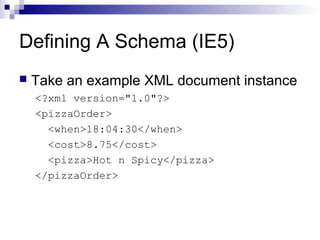 Defining A Schema (IE5)
 Take an example XML document instance
<?xml version="1.0"?>
<pizzaOrder>
<when>18:04:30</when>
<cost>8.75</cost>
<pizza>Hot n Spicy</pizza>
</pizzaOrder>
 