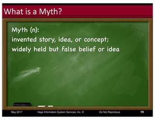 Click to edit Master title styleWhat	is	a	Myth?
May 2017 Vega Information System Services, Inc. © Do Not Reproduce 15
Myth (n):
invented story, idea, or concept;
widely held but false belief or idea
 
