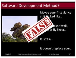 Click to edit Master title styleSoftware	Development	Method?
May 2017 Vega Information System Services, Inc. © Do Not Reproduce 17
Maybe	your	first	glance	
at	it	looked	like…	
But	if	it	doesn’t	walk,	
quack,	or	fly	like	a…
It	isn’t	a…
It	doesn’t	replace	your…
 