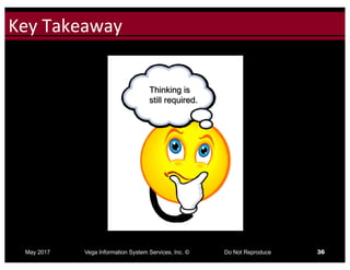 Click to edit Master title styleKey	Takeaway
May 2017 Vega Information System Services, Inc. © Do Not Reproduce 36
Thinking is
still required.
 