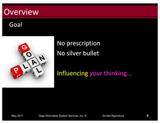 Click to edit Master title styleOverview
May 2017 Vega Information System Services, Inc. © Do Not Reproduce 5
No	prescription
No	silver	bullet
Influencing	your thinking…
Goal	
 