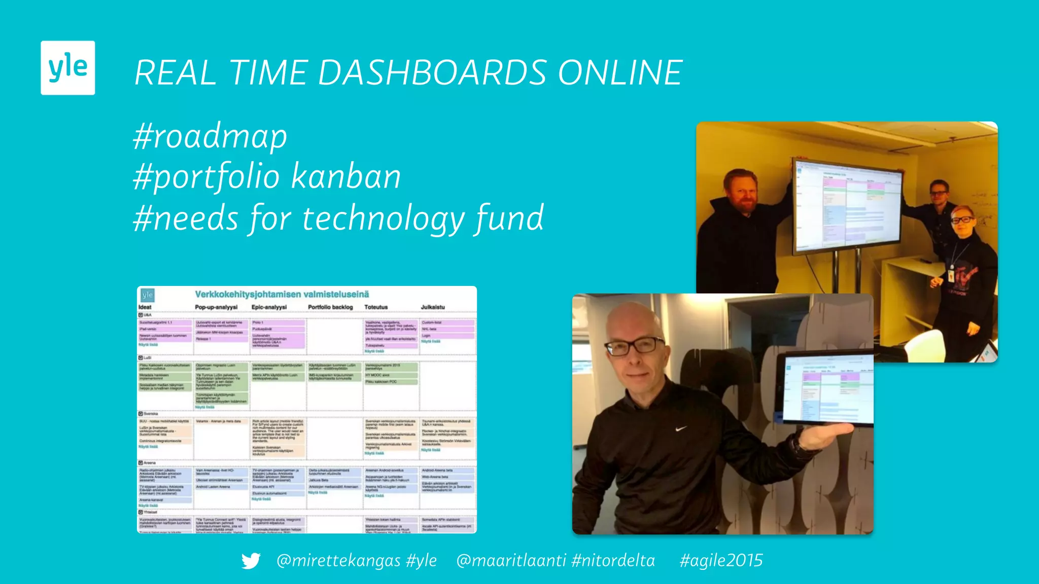 REAL TIME DASHBOARDS ONLINE
#roadmap
#portfolio kanban
#needs for technology fund
@mirettekangas #yle @maaritlaanti #nitordelta #agile2015
 